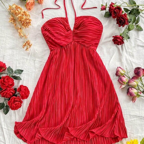 Red Boho Women's Sexy Textured Open Back Halter Neck Dress - Picture 1 of 7